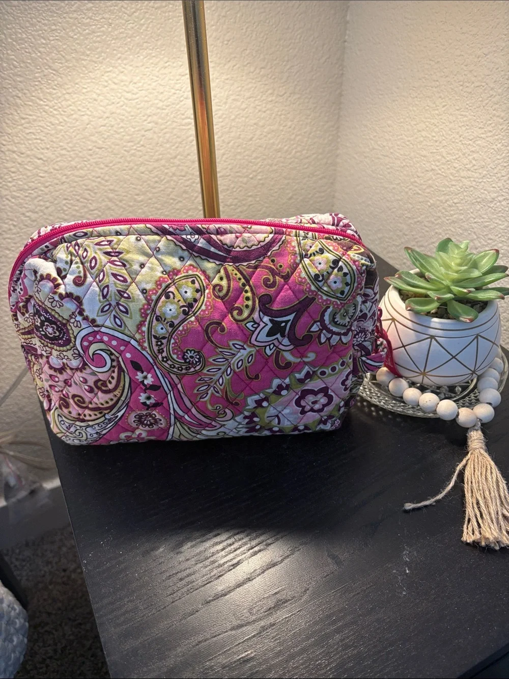 Vera Bradley Very Berry Pink Paisley Quilted Makeup Pouch with Accents